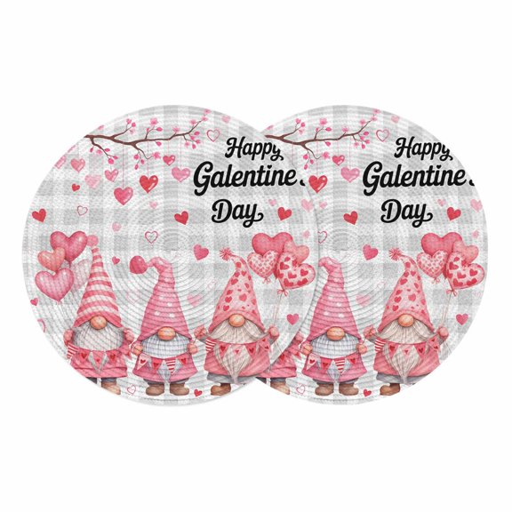 Galentine's Day Round 13 Inch Placemats Set of 2, Pink Gnomes Love Heart Grey Plaid HeatResistant Non Slip Place Mats for Dining Table, Wipeable Braided Kitchen Table Mats for Housewarming