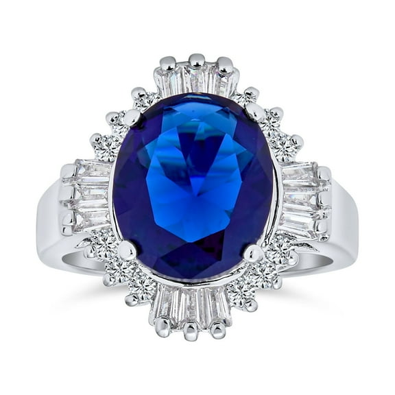 Bling Jewelry Womens Art Deco Style Halo 6CT Solitaire Sapphire Blue Oval CZ Baguette Statement Ring