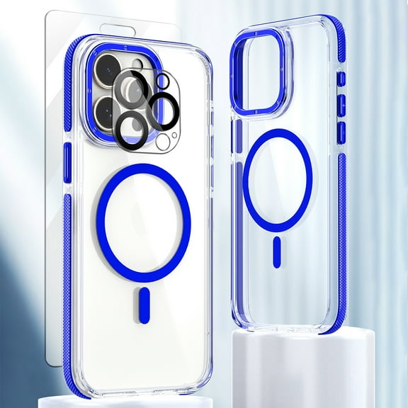 Allytech Magnetic Clear Case for Apple iPhone 12 Pro Max, With 1 Pcs Screen Protector & Camera Lens Protector Anti-Scratch Shockproof Bumper Anti-Yellow Phone Case, Blue