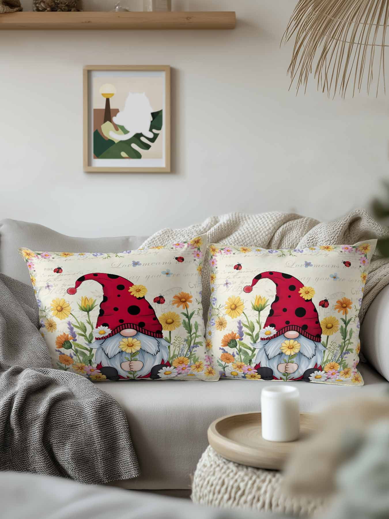 Outdoor Pillows Waterproof, Vintage Gnomes Bedding Throw Pillows with Insert for Couch Sofa Bed, Rustic Pastoral Daisy Botanical Floral 16x16 Inch Pillowcases Decorative Patio Pillow Set of 2