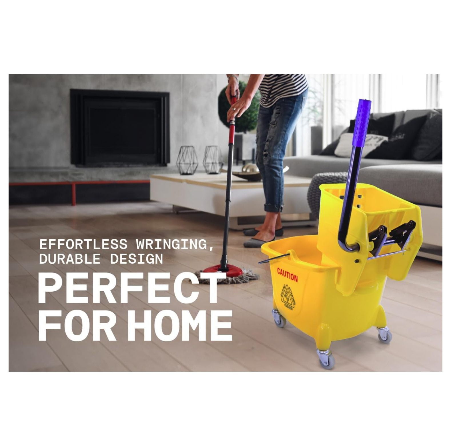 Mop Bucket 25 Quart | Side Press Wringer | 4 Wheels 2" | Yellow