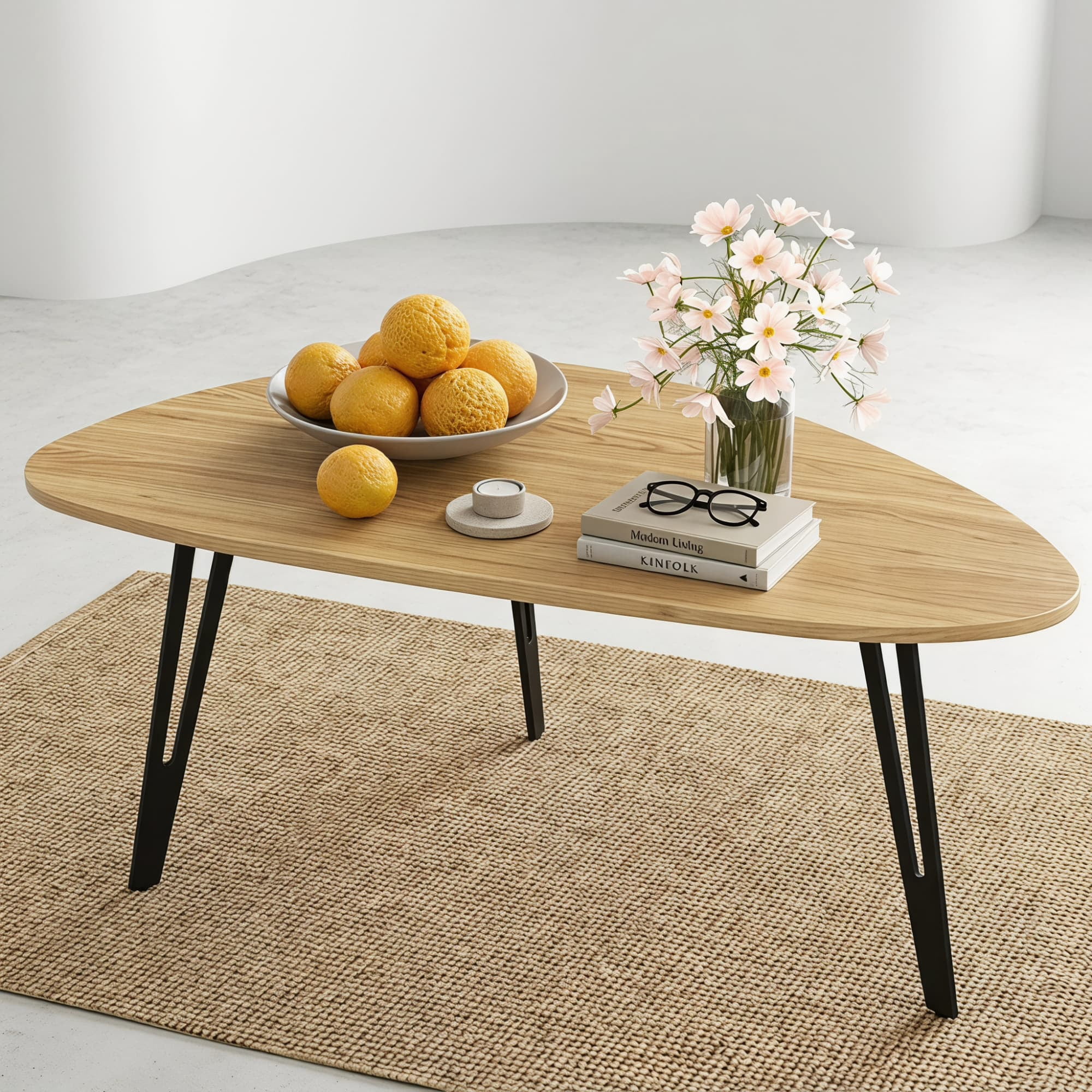 Manxile Mid Century Coffee Table for Living Room, Triangle Coffee Table for Small Space, Natural Oak