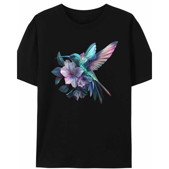 Women's T-Shirt Colorful Animal Hummingbird Flowers Short Sleeve Casual Tee Classic Crew Neck T Shirt for Women Black, L