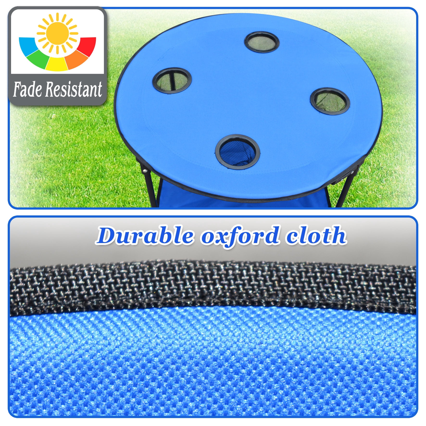 Strong Camel Folding Picnic Table Dia 27.5" Collapsible Round Table with 4 Cup Holders, Carry Case Included (with Shelf)