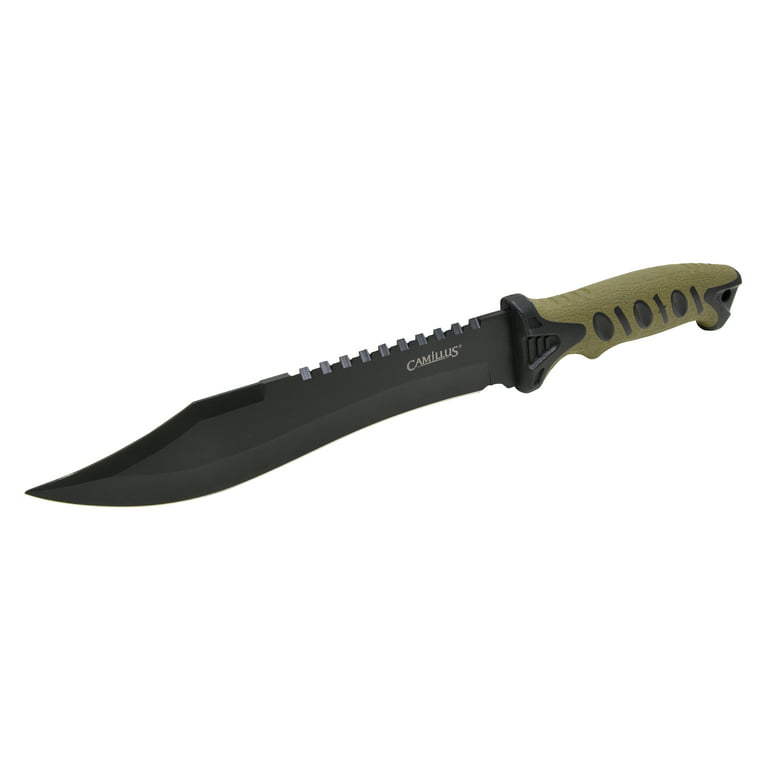 Camillus Survival Pack, Machete, 5.7 Fixed 2.5 Blade Knife, Sheath,  Compass, Sharpener, Scissors, Green 