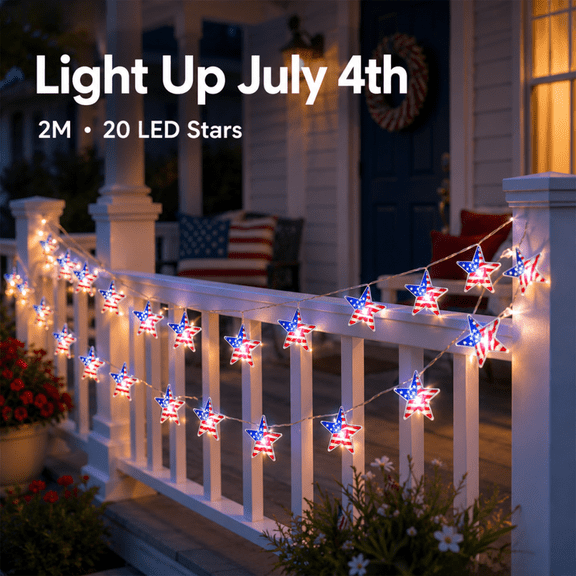 WTQVGQ Red White Blue Star and Flag String Lights Battery Operated USA Flag Patriotic Decorations, 200cm & 20 Lights Plastic IP44 Indoor Outdoor Memorial Day 4th of July Decor