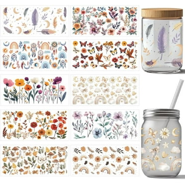 10 Sheets UV DTF Cup Wraps for 16 OZ Glass Cups 10 Styles Boho Rainbow Flowers Dream Catcher Rub on Transfers PVC Transfer Stickers Waterproof Rub Decals for DIY Your Holiday Presents