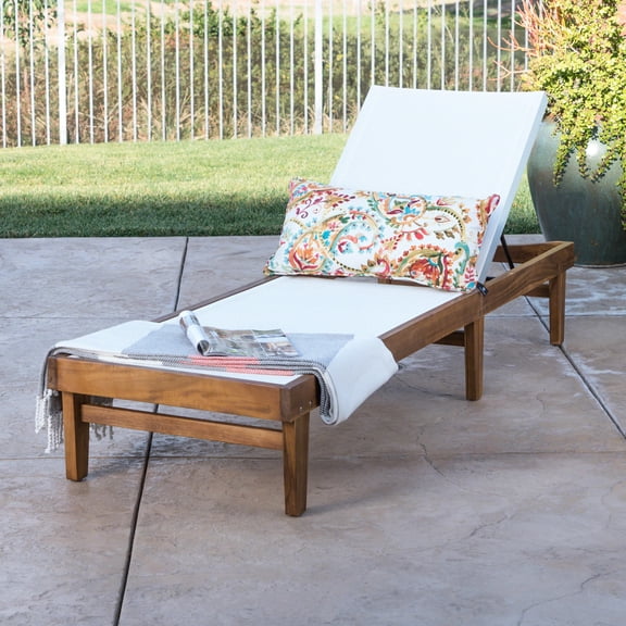 Outdoor Chaise With White Mesh - Wood Seat Base Lounge For Relaxation