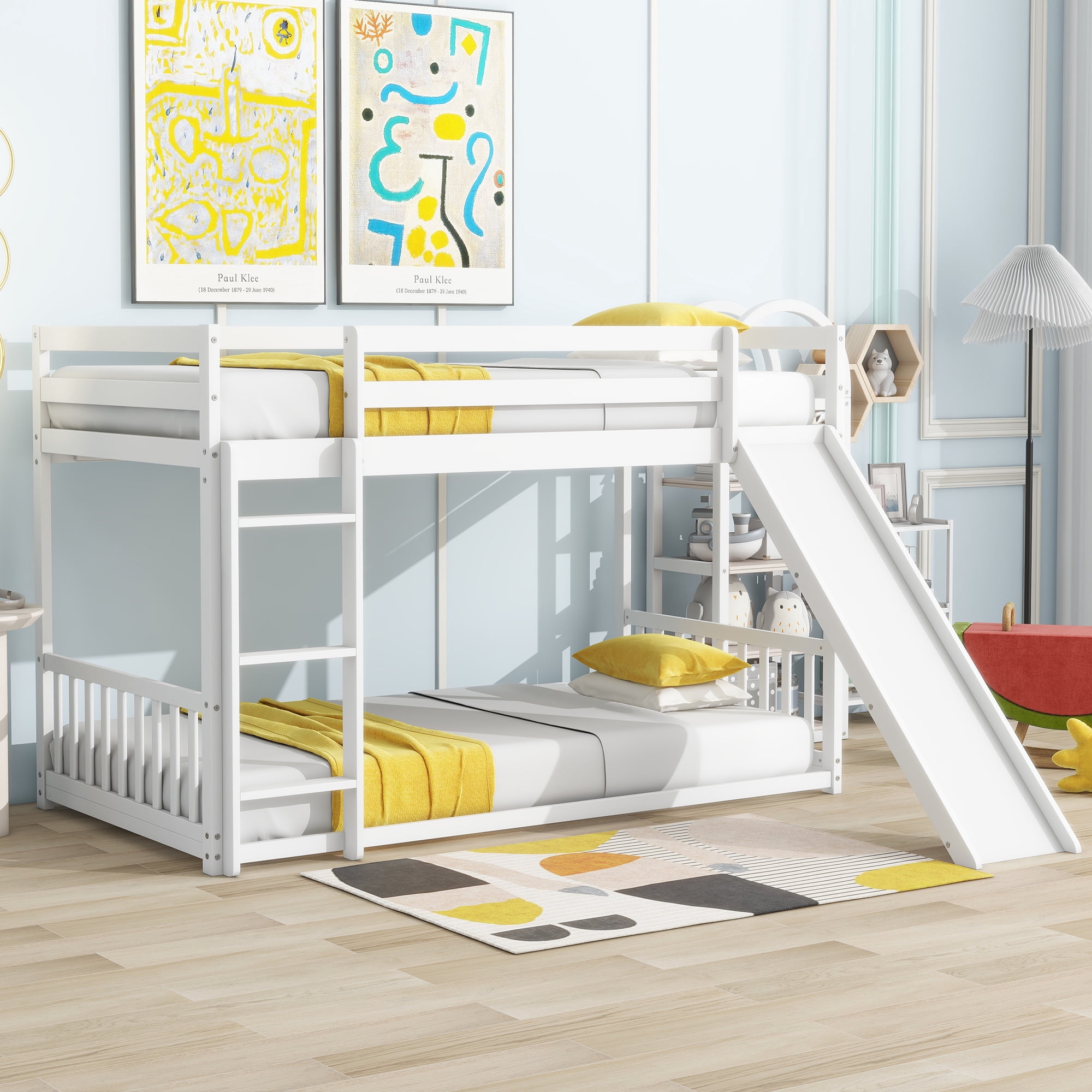 Euroco Twin over Twin Bunk Bed with Slide, Convertible Lower Bed with Guardrails for Kids Teens, White