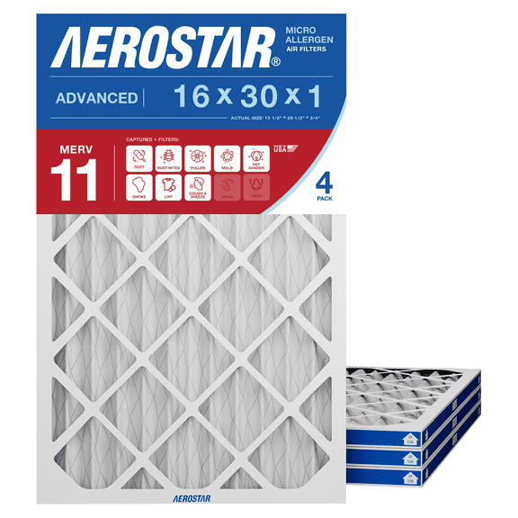 Aerostar 16x30x1 MERV 11 AC Furnace Air Filter, Pleated HVAC Filter, MPR 1000 FPR 7, Allergen Defense, 4-Pack, Made in USA