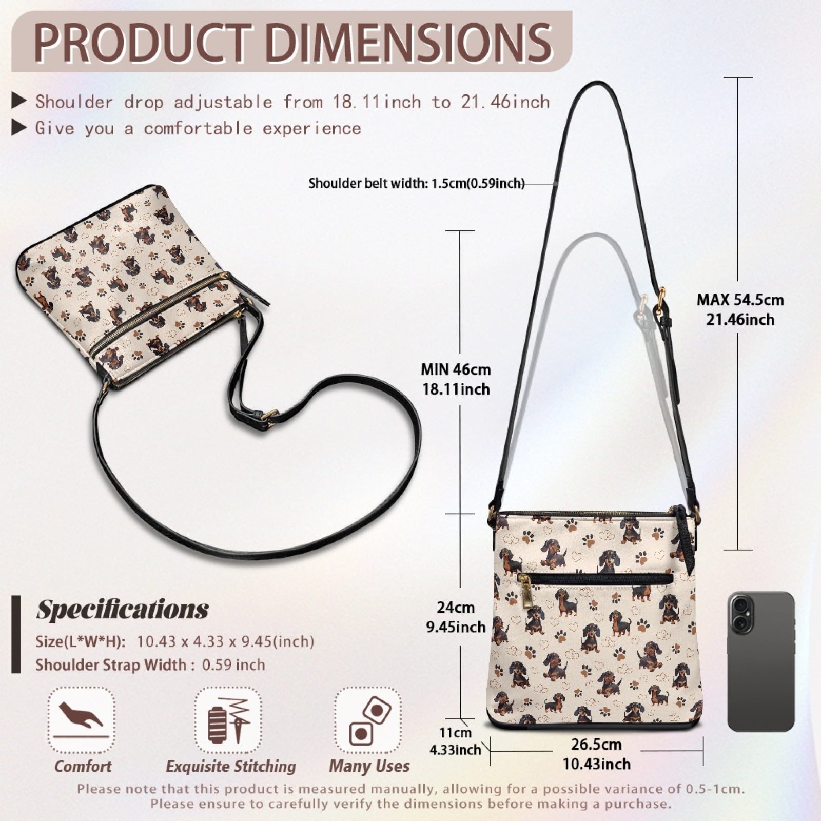 LedBack Dachshund Print Crossbody Satchel Bag for Women Lady, Heart Print Leather Hobo Bag with Adjustable Strap Sling Shoulder Handbag Soft Messenger Bag for Travel Shopping, Beige