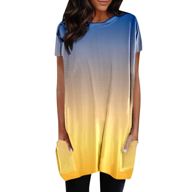 SNKSDGM T-Shirts à Manches Longues pour Femmes Coton T-Shirts Graphiques à Manches Longues pour Femmes Grande Taille Femmes Été Décontracté Col Rond Manches Courtes Poche Dégradé de Couleur Imprimé Haut Long TG