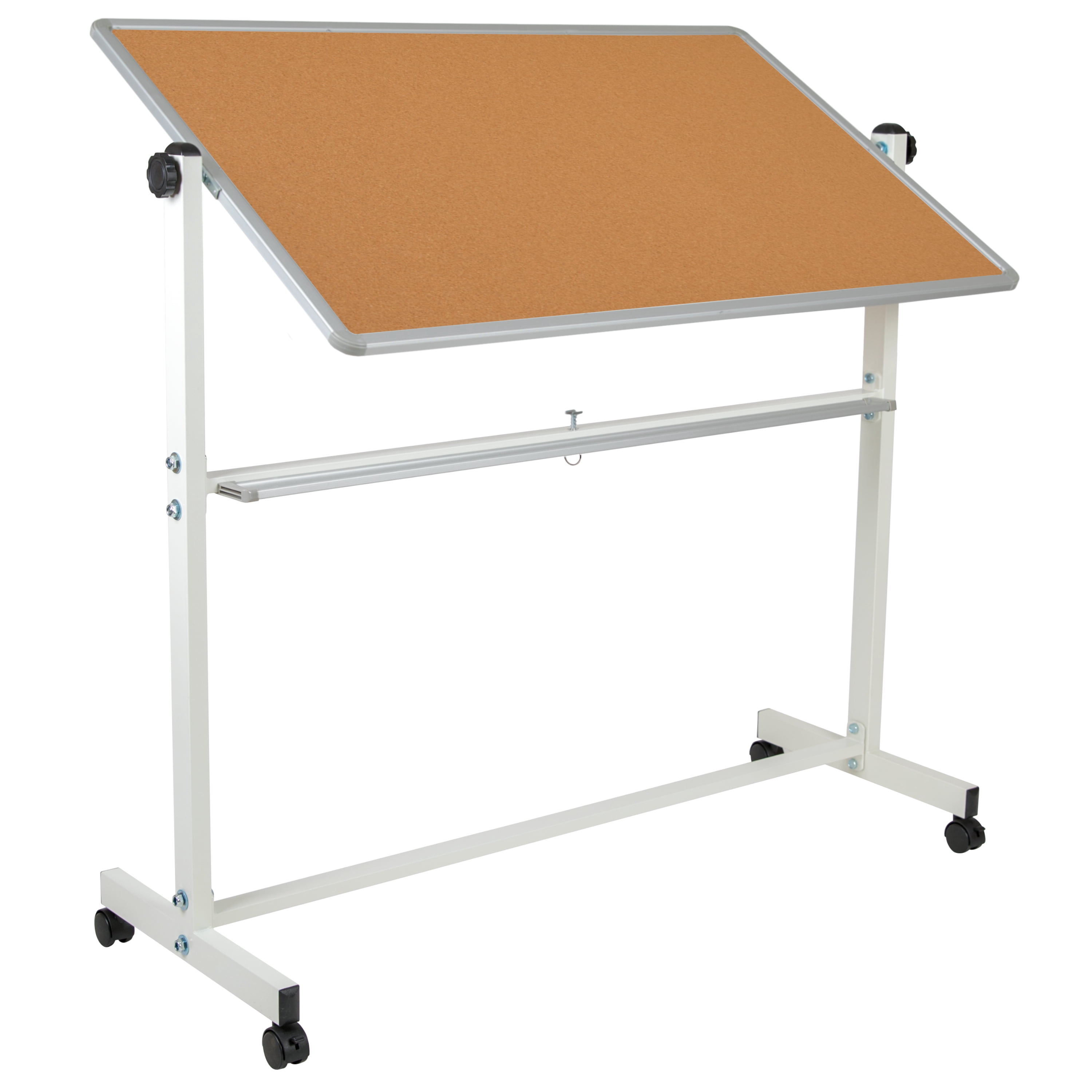 Emma + Oliver Reversible Mobile Cork Bulletin Board and White Board with Pen Tray, 53"W x 59"H
