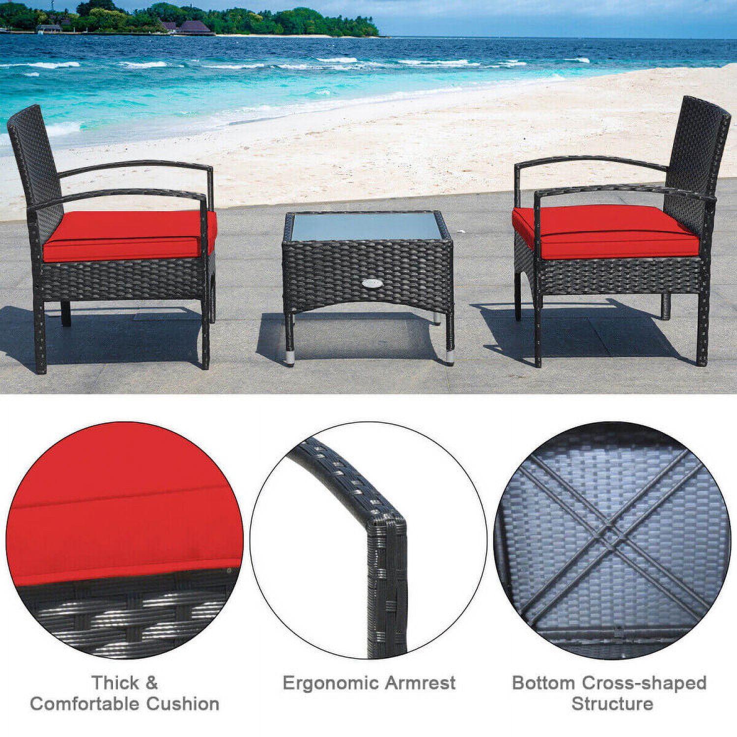 Aimee Lii 3 Pieces Patio Wicker Rattan Furniture Set with Cushion for Lawn Backyard, Rattaner Outdoor Patio Furniture, Red