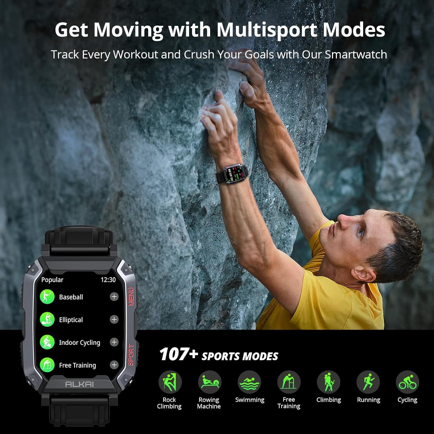 ALKAI Smart Watch Rugged and Military with 5ATM Waterproof Bluetooth Call(Answer/Dial Calls) AI Assistant, Long-Lasting Battery Life, Multiple Sports Tracking, 2.02'' HD Display