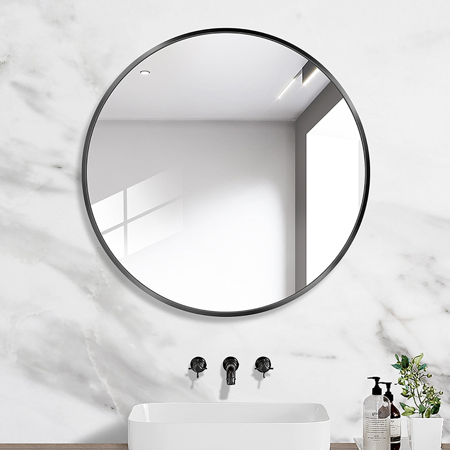 Hompen 28 Inch Round Wall Mirror, Metal Framed Round Bathroom Mirror