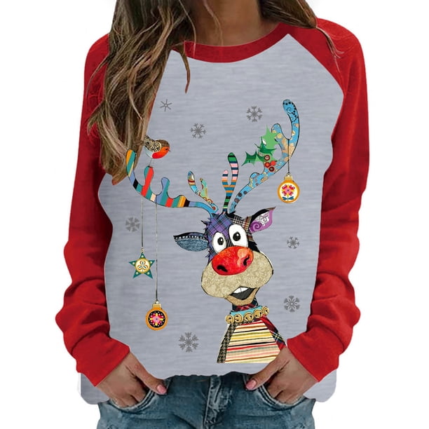 VISgogo Mujer Primavera Otoño Casual Pullover Manga Larga O Cuello Deer Print Patchwork Sudadera VISgogo moda