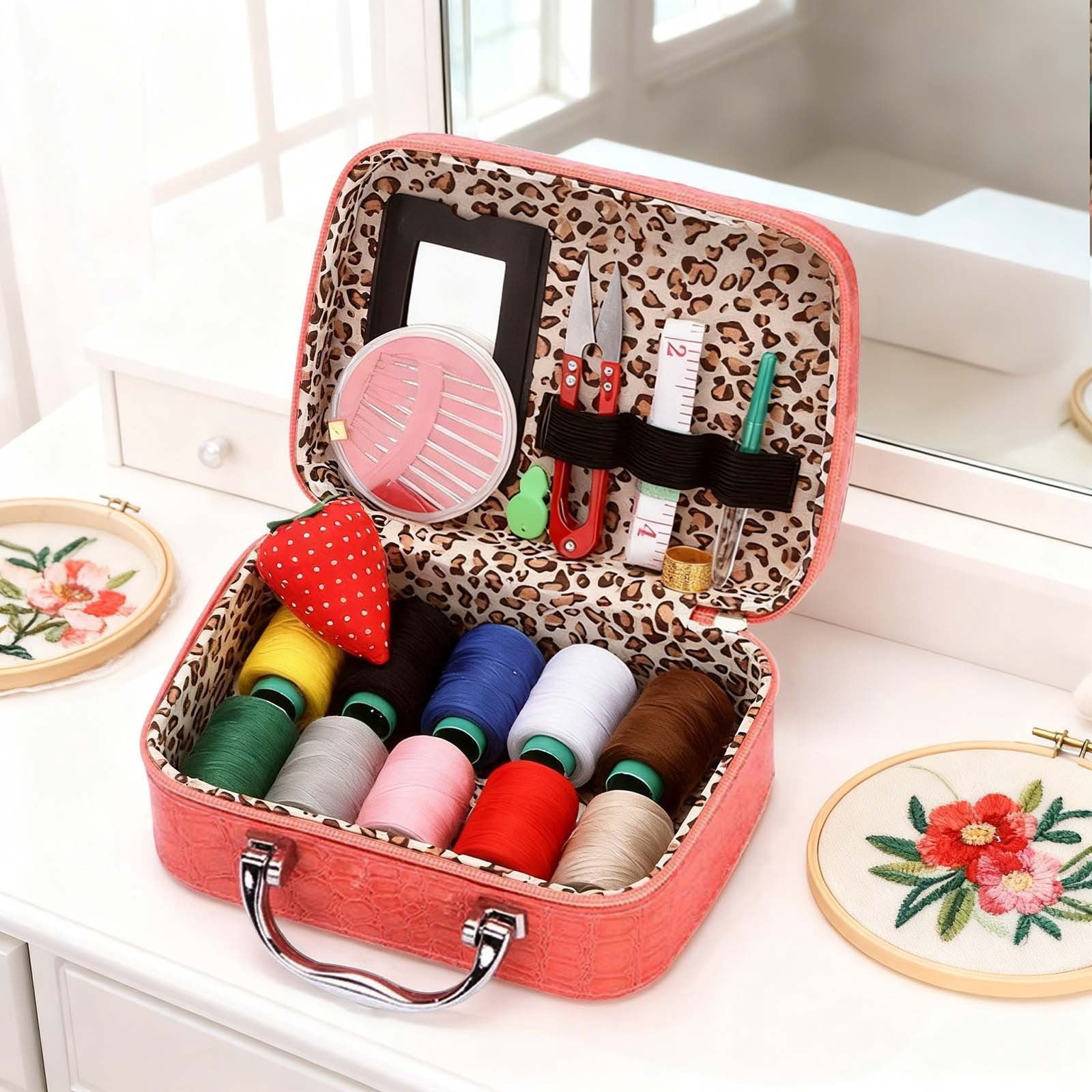 Complete Sewing Kit with Storage Case, Portable DIY Needlework Set,with Thread, Needles, Scissors, Tape Measure & Accessories, for Beginners & Crafters-Pink