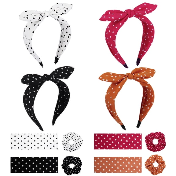 Abaima 12 PCS Hair Accessory Set for Women, 4 Elastic Bow Hairbands, 4 Soft Knotted Hair Scrunchies, 4 Fashion Headbands, Makeup Polka Dot Headwear Accessories (Black, White, Red, Yellow)