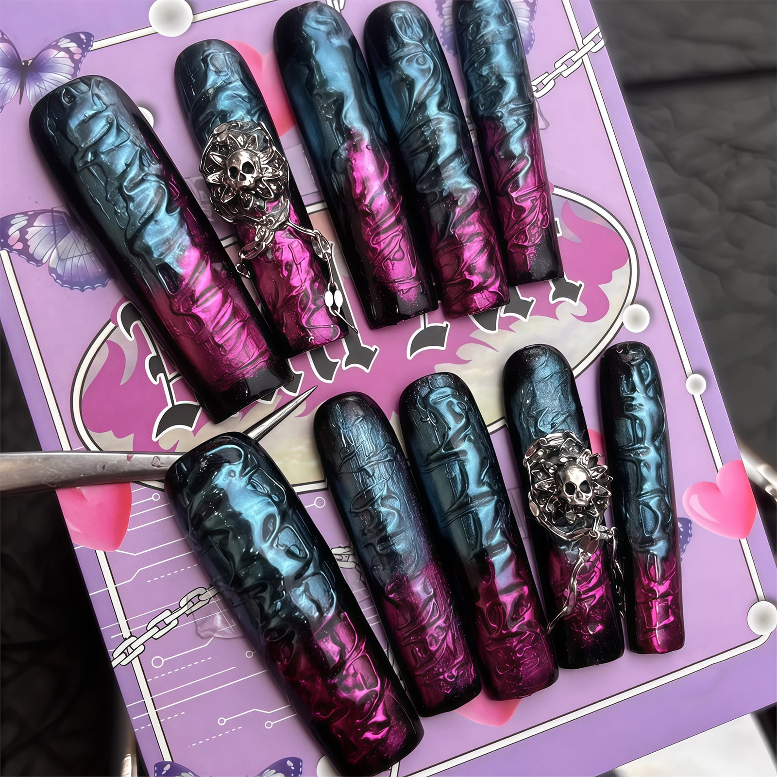 Handmade Press On Nails Long Dark Gothic Fake Nails Skull Retro Rose Luxury Baroque Punk for Women Party Holiday Photo Role Play Halloween 10Pcs