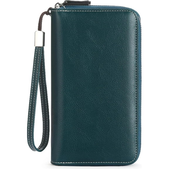 Womens Wallet Leather Bifold RFID Blocking Credit Card Case with Double Zipper Pockets and Wristlet Strap