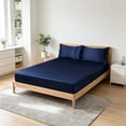 thumbnail image 6 of Queen Size Satin Bed Sheet Set - 150x200cm Stretch Fitted Sheet + 2 Pillowcases - Soft, Cool, and Durable Cooling Bedding for Hot Sleepers - Wrinkle & Stain Resistant, Deep Pocket Design Dark Blue, 6 of 6