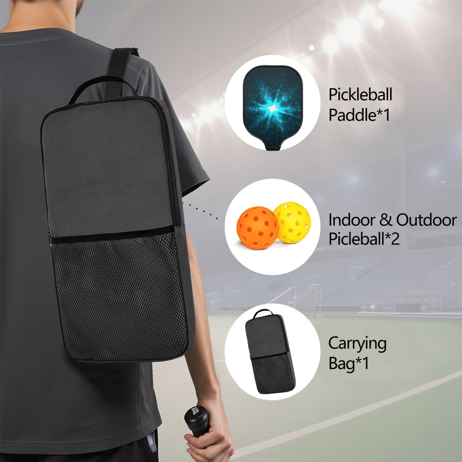 Pickleball Paddles Set Of 1, Fiberglass Surface, Speed, Lightning, Thunder Print, 1 Paddle, 2 Balls & Bag