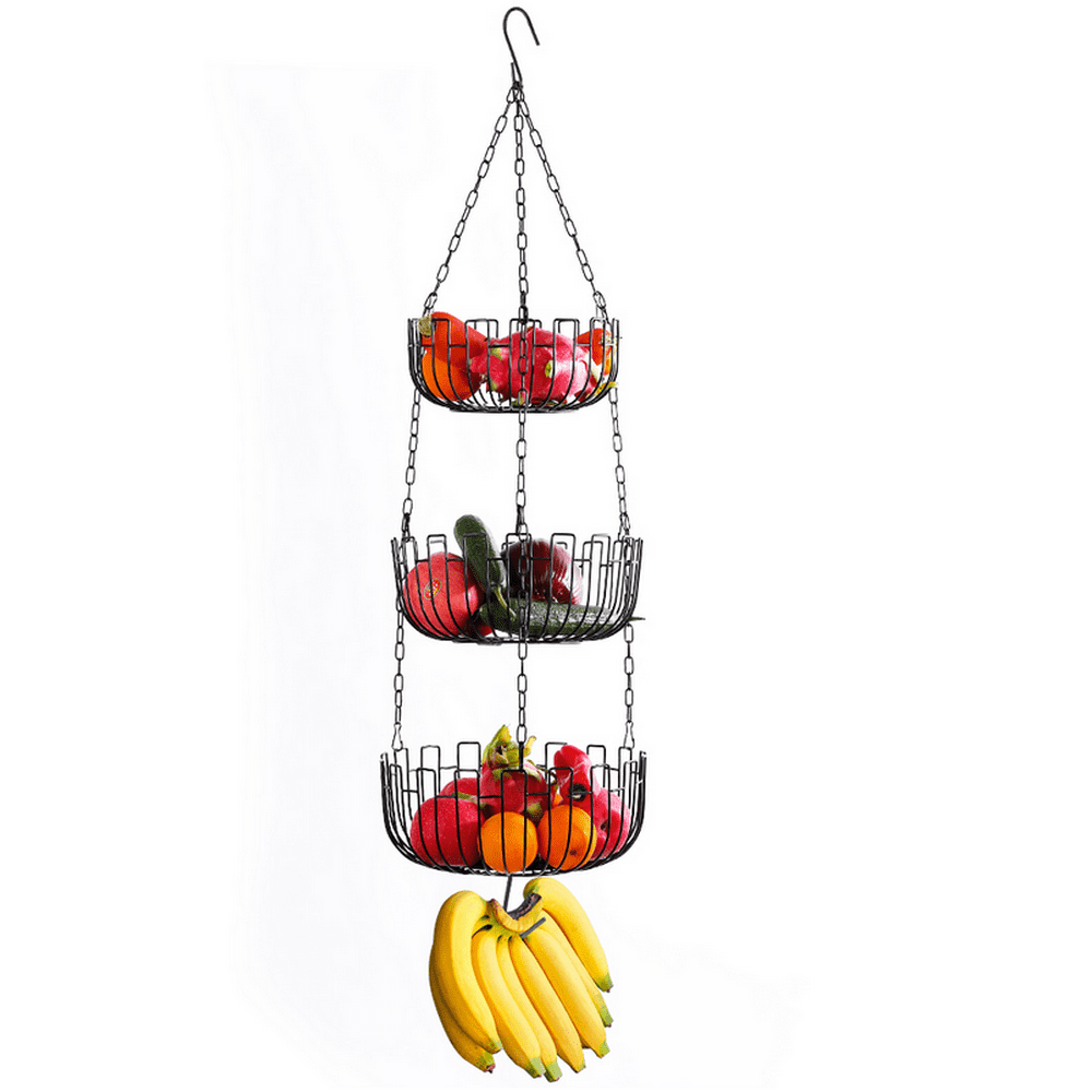3Tier Hanging Fruit Produce Basket Heavy Duty Wire with 2 Metal Hooks