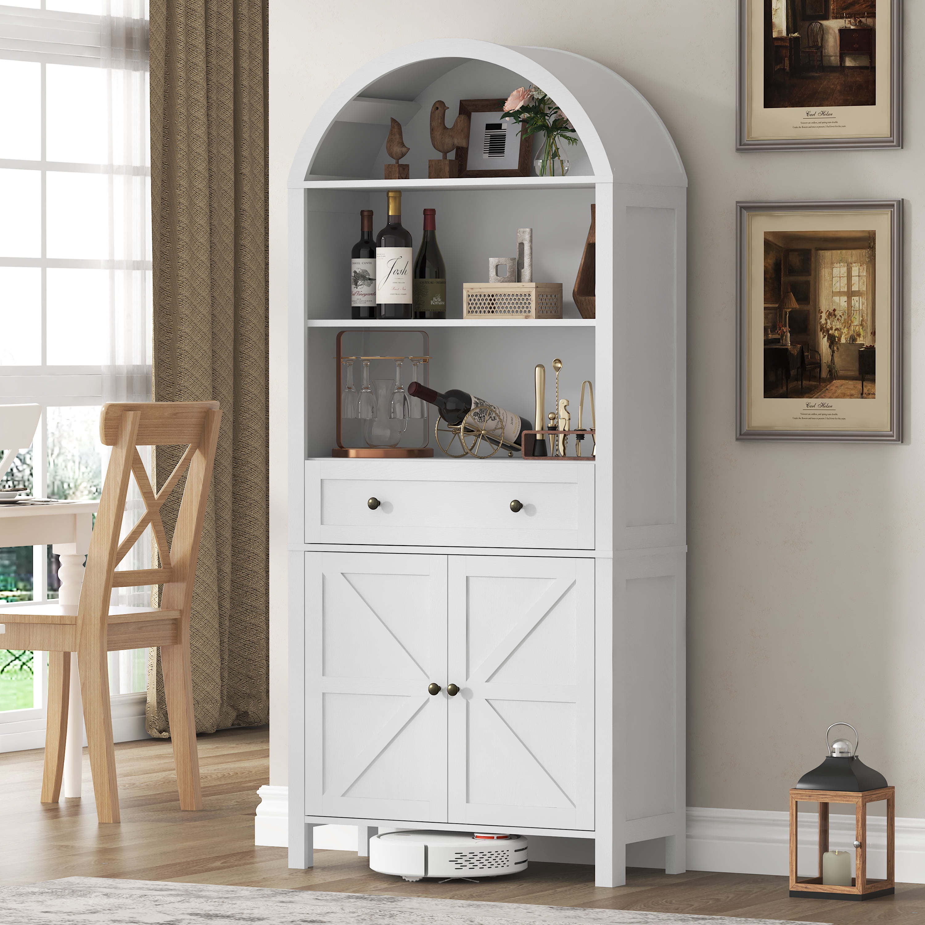 Arched Cabinet with Doors, 71" Tall Freestanding Pantry Cabinet with Large Drawer and 3 Tier Open Shelves, Farmhouse Wood Storage Cabinets, Versatile Cupboard for Kitchen and Dining Room, White