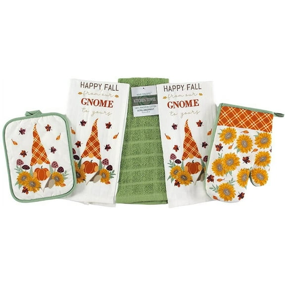 Serafina Home Fall Decor Kitchen Towels and Pot Holder Set: Garden Gnomes and Country Plaids with Autumn Sunflowers Set Of 5