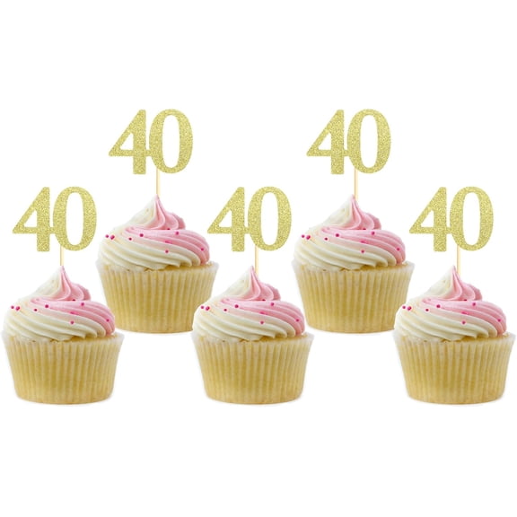Gold Glitter Number 40 Cupcake Toppers, Forty Cupcake Picks for 40th Birthday Party Decorations, 12 Pcs