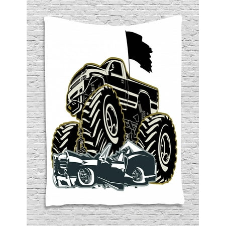 Monster Truck Tapestry Rubber Tyre Car Flattening A Vintage Vehicle Graphic Image Wall Hanging For Bedroom Living Room Dorm Decor 40w X 60l Inches
