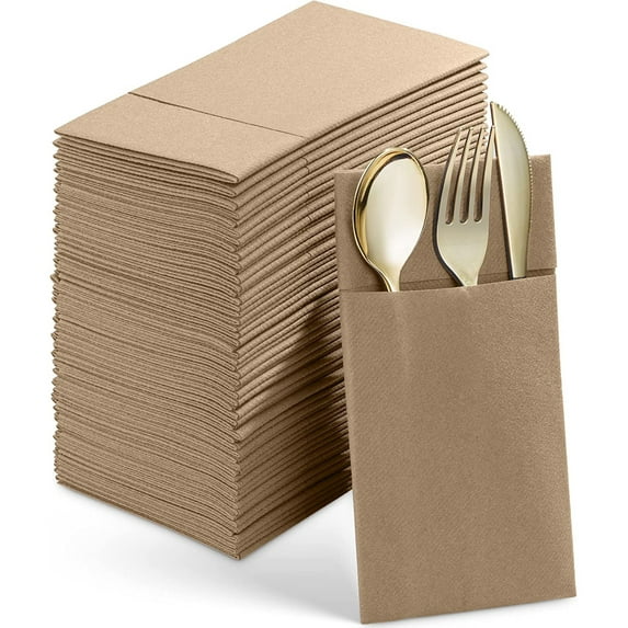 BloominGoods Colored Paper Disposable Dinner Napkins with Flatware Pocket, Beige Gray 50-Pack