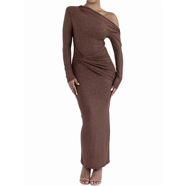 Women'S Dress Fall Winter French Long Sleeve Slim Fit Maxi Dress Formal for Women Brown S