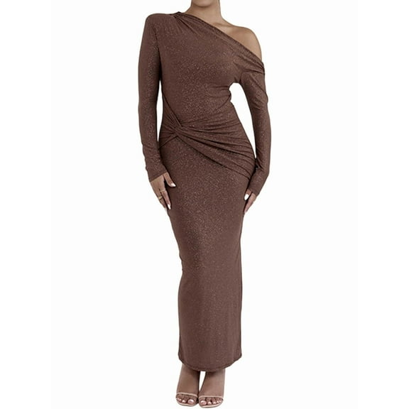 Women'S Dress Fall Winter French Long Sleeve Slim Fit Maxi Dress Formal for Women Brown S