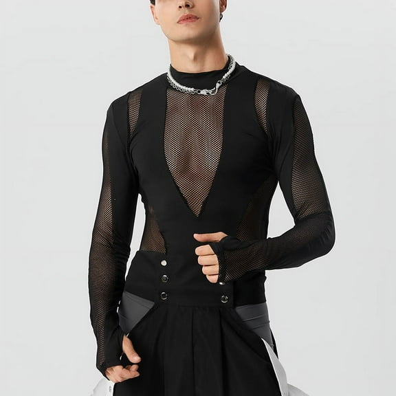 INCERUN Mens Sexy Fishnet Mesh Patchwork Jumpsuit Rompers Long Sleeve Slim Fit Shirts See Through Leotard Fitness Bodysuits