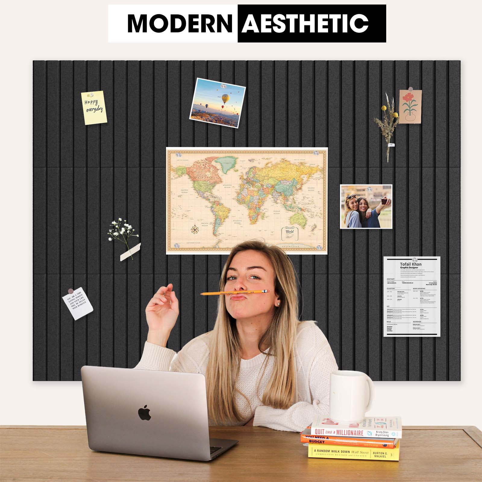 Vision Board - Cork Board for Walls, 48" x 36" | 12 Pack | Cork Board Tiles, Felt Bulletin Board, Large Corkboard, Cork Panel for Office, Felt Wall Panels, Cork Panels, Corkboard Roll (Black)