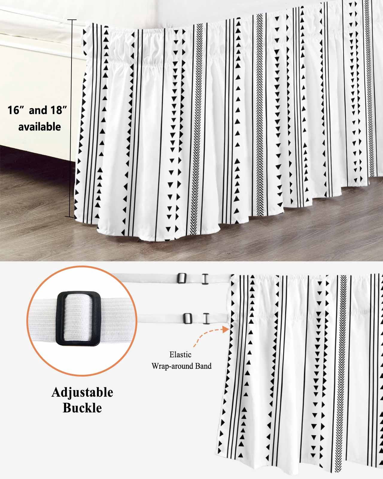 White Boho Bed Skirt Queen Size 16 Inch Drop, Geometric Adjustable Elastic Dust Ruffles Bedskirt for Queen Bed Wrap Around Pleated Mattress Frame Cover