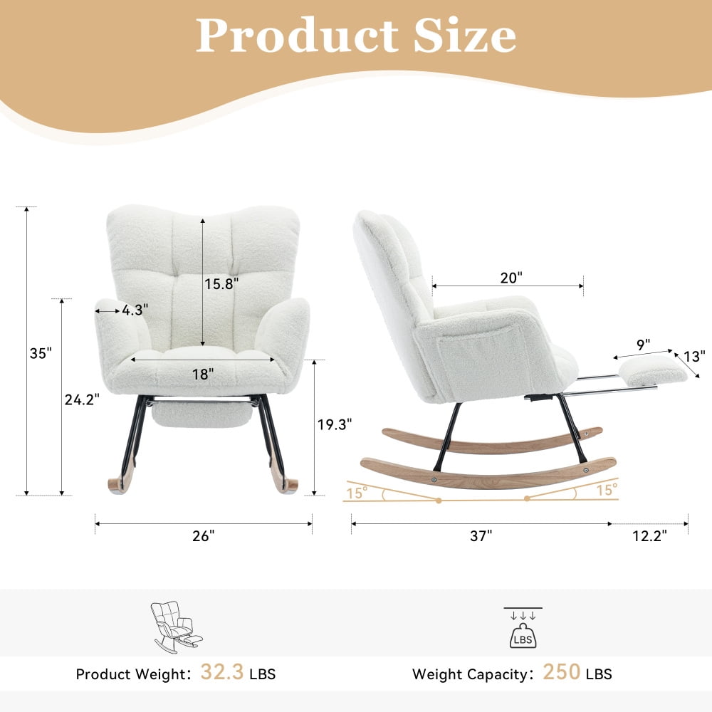 Ivory Teddy Fabric Rocking Chair with Adjustable Footrest – High Back Nursery Glider with Storage Pocket, Sturdy Wood and Metal Frame, Comfy Lounge Rocker for Living Room, Bedroom, Nursery