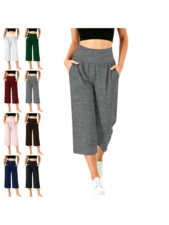 Yoga Womens Capri Pants Workout Fall Casual Wide Leg Women Pants Stretchy Skinny with Pockets Solid Cropped Pants