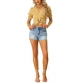 thumbnail image 2 of INSPIRE CHIC Women's Ruffle Puff Short Sleeve Floral Print Button Front Closure Tops Yellow S, 2 of 6