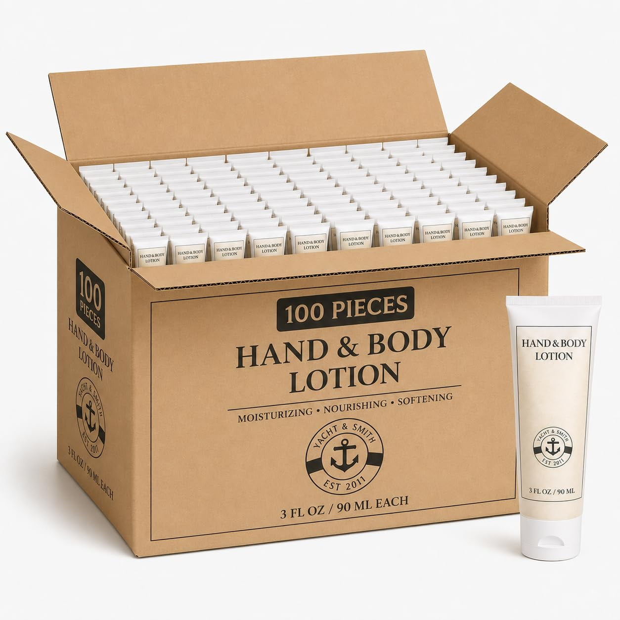 YACHT & SMITH 100 Pack Bulk Hand & Body Lotion, 3 oz Travel Size Moisturizer for Hotels, Airbnb Hosts & Hospitality Supplies