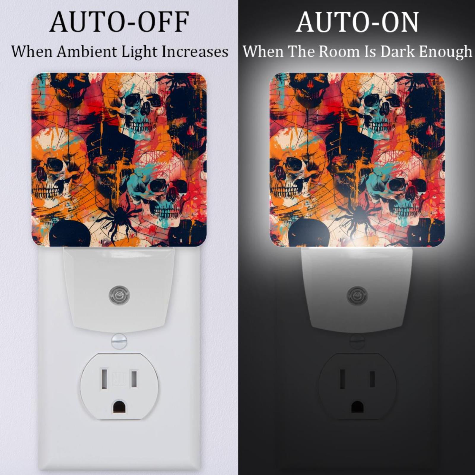 PhooArto Skulls Spiders Pattern Plug in LED Night Light Auto Sensor Dusk to Dawn Decorative Night for Bedroom, Bathroom, Kitchen, Hallway, Stairs, Baby's Room, Energy Saving