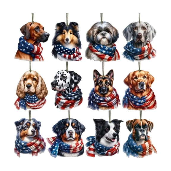 SLYNSHome 12Pcs 4th of July Cute Dogs Hanging Ornaments Patriotic Independence Day Wooden Hanging Decor for 250th Anniversary Party Memorial Day Decorations