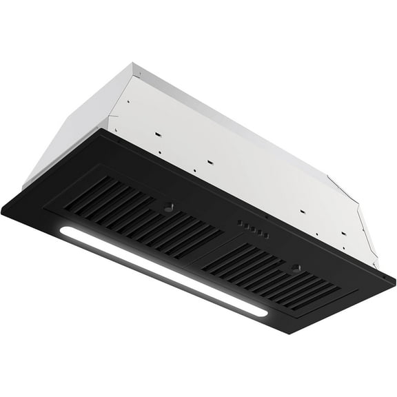 Range Hood Insert 30 inch 600 CFM Built-in Kitchen Exhaust Fan Matte Black Stainless Steel Long Led Light Push Button Vent Hood with Baffle Filter, Kitchen Hood Ducted/Ductless Convertible