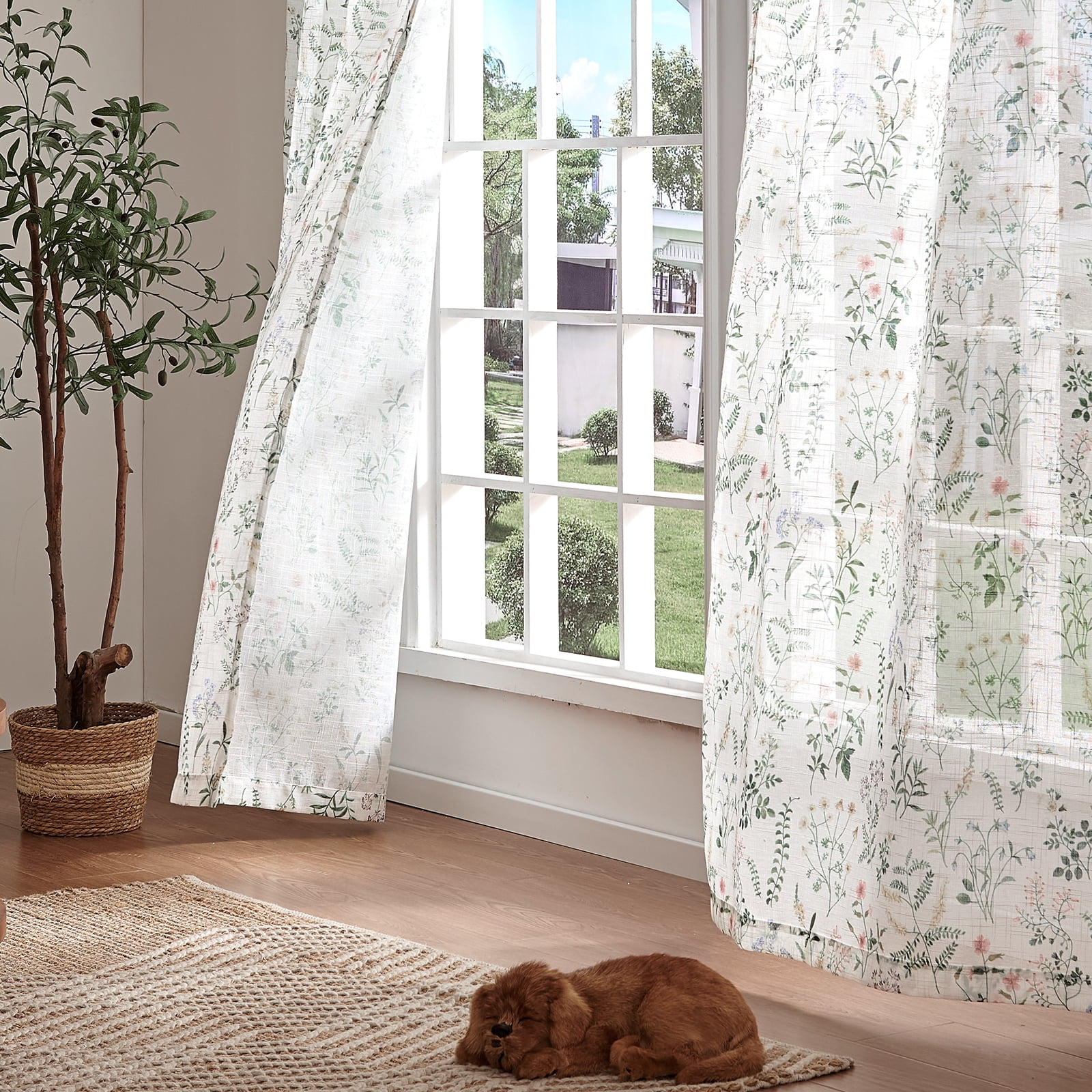CURTAINKING Floral Curtains Farmhouse Green Curtain 90 Inches Long for Bedroom French Country Back Tab Drapes Plants Printed Light Filtering Window Treatment Curtains Set, 2 Panels