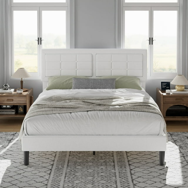 VECELO Full Bed Frame with Adjustable Height Headboard, Upholstered Button Tufted Platform Bed for Bedroom, No Box Spring Needed, Easy Assembly, White