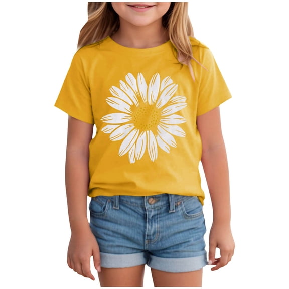 ZHANGDER Girls Cute Sunflower Graphic T Shirt Short Sleeve Summer Top for Kids Toddler, Yellow 5-6 Years