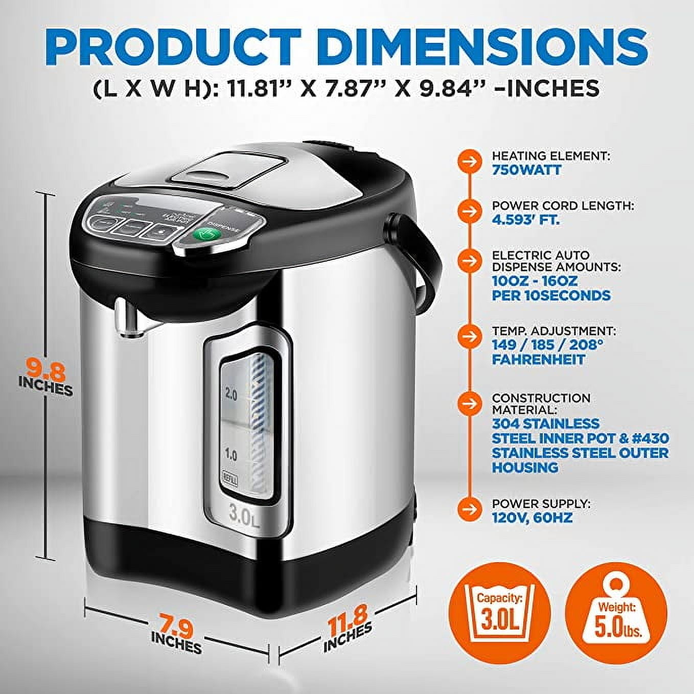 NutriChefKitchen Electric Water Boiler and Warmer - 3L/3.17 Qt Stainless Steel Electric Hot Water Dispenser w/ Rotating Base, Auto Shut Off, Safety Lock, Instant Heating for Coffee & Tea (NCHUB13)