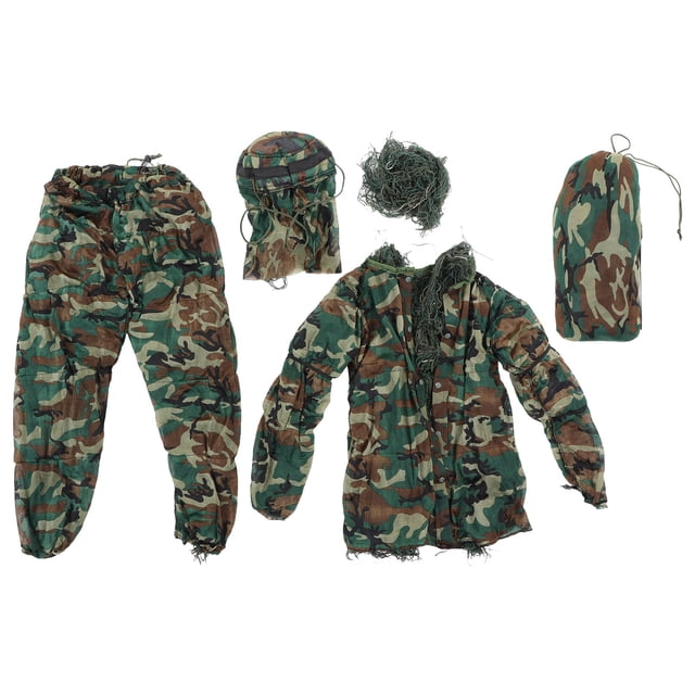 Traje Ghillie 5 en 1 Trajes de camuflaje verde que incluyen chaqueta, pantalones, capucha, bolsa de transporte, cintas de camuflaje para niños y adolescentes, altura de 4,3 a 4,9 pies